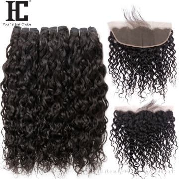 Wholesale Water Wave Bundles With Lace Frontal Closure Brazilian Hair 1/3 Bundles and 13x4 Closure Remy Human Hair Weave